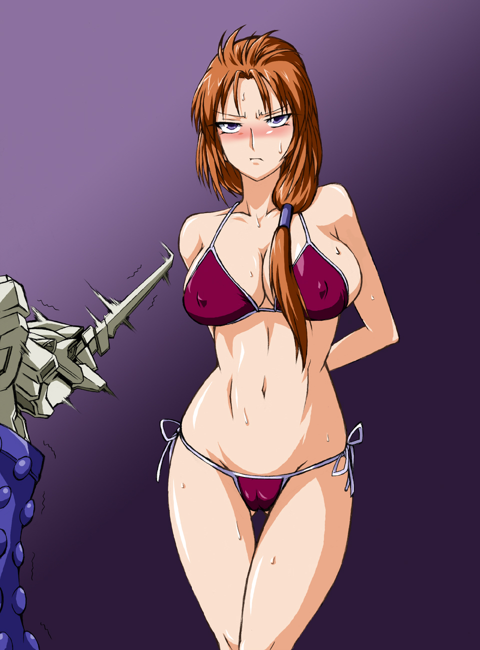 arms_behind_back big_breasts bikini breasts cleavage gundam gundam_unicorn highres large_breasts marida_cruz orange_hair pointy_chin swimsuit unicorn_gundam