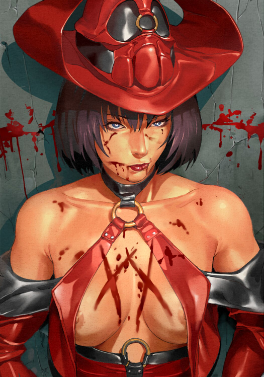 black_hair blood blue_eyes bob_cut detached_sleeves guilty_gear hat i-no lips nipple_slip nipples orushibu short_hair solo