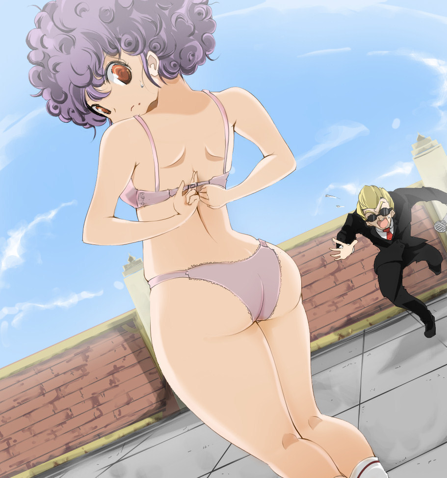 1girls ass back bad_hands bad_proportions bra brown_eyes curly_hair dragon_ball dragon_ball_(classic) dutch_angle female footwear glasses huge_ass lace-trimmed_panties lingerie looking_back outdoors outside panties purple_hair ranfan short_hair sky socks solo_focus standing straight_hair thick_thighs thighs underwear undressing white_bra white_legwear white_panties white_socks world_tournament_announcer yellow_eyes zinger_(excess_m)