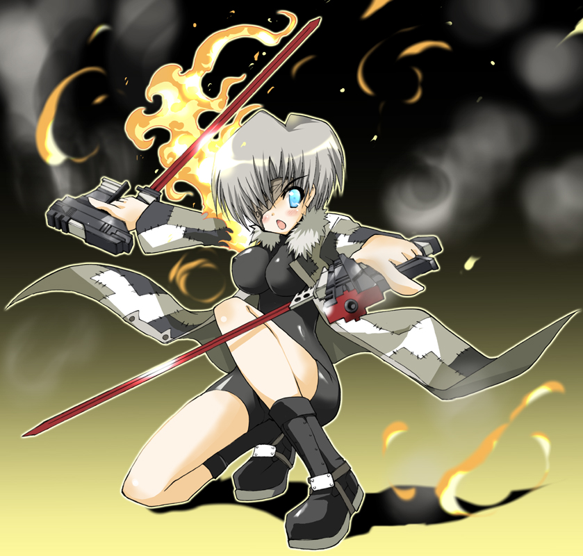 beige_skin blush boots color cyan_eyes eye_patch eyewear female female_only fire footwear grey_hair gun gungrave hair holding holding_gun kneeling open_mouth rule_63 short_hair smoke solo weapon