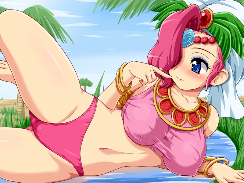 1girls bikkuriman blue_eyes blush bracelet breasts clothing erect_nipples female female_only hair_over_one_eye human jewelry konpeto large_breasts leg_lift looking_away navel nipple_bulge oasis_tennyo outdoors pink_hair shiny shiny_hair shiny_skin smile solo thick_thighs thighs turban