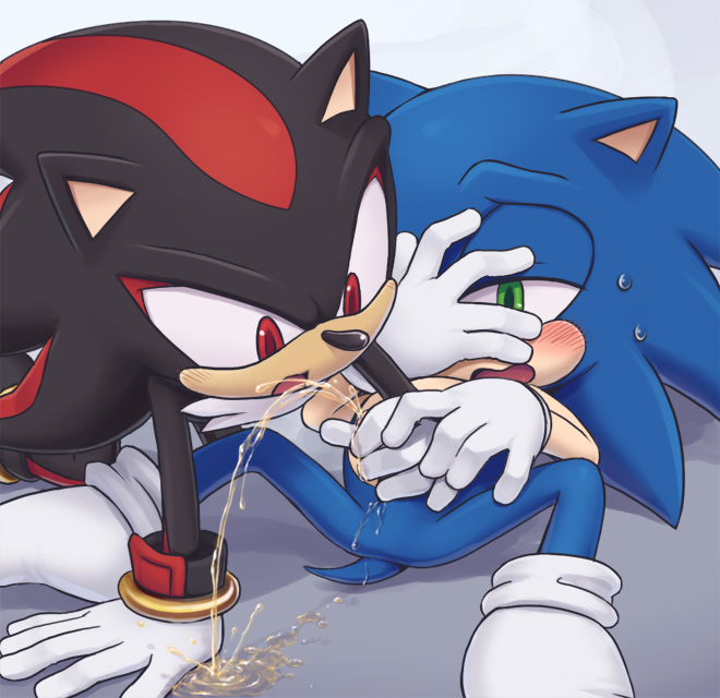 beige_skin black_fur blue_fur color exposed_torso footwear fur handwear hedgehog humanoid karlo male male_only multiple_males pee peeing shadow_the_hedgehog sonic_(series) sonic_the_hedgehog tagme what