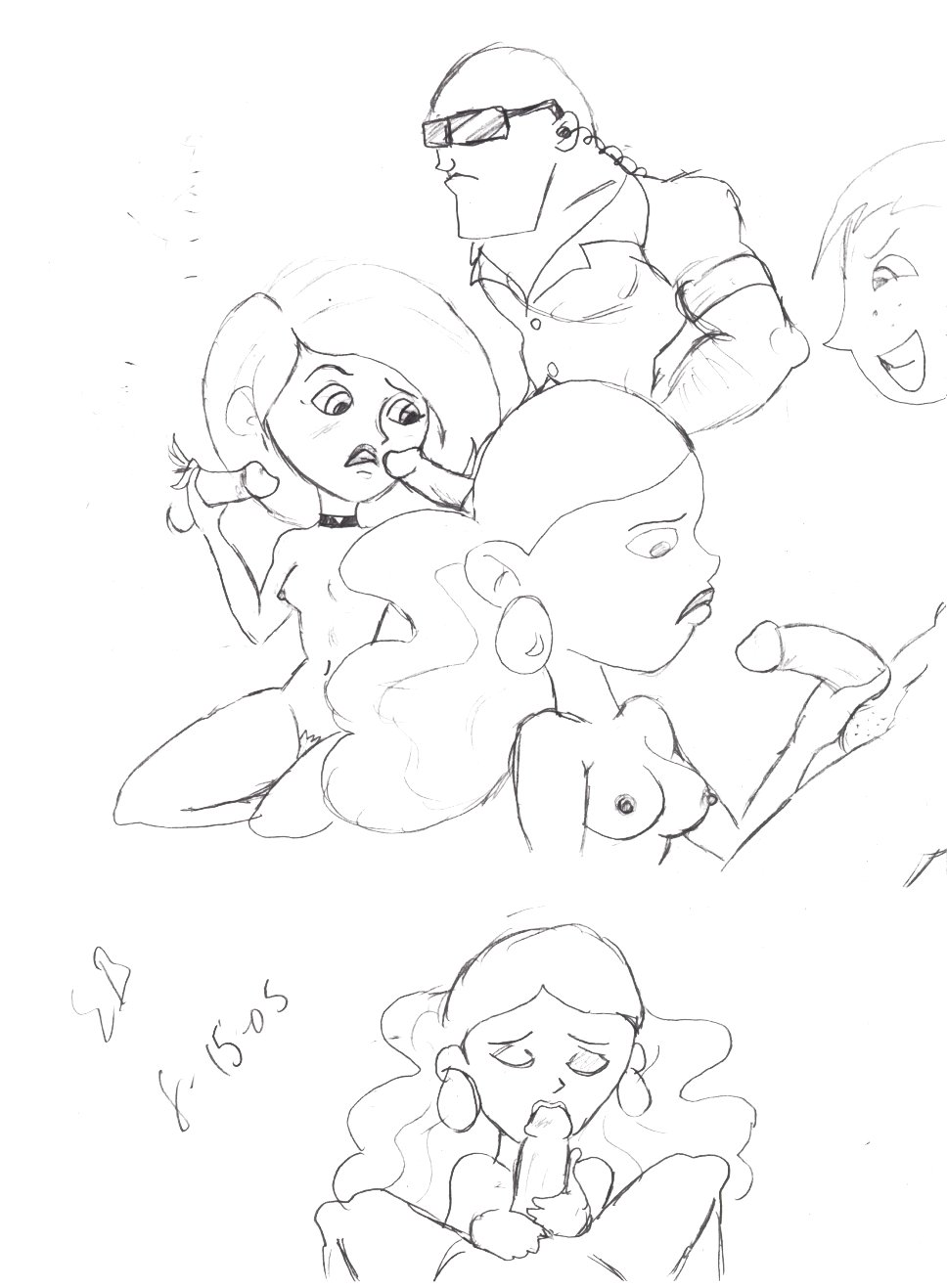 2005 blowjob breasts comic disney disney_channel fellatio female human kim_possible kimberly_ann_possible male monique_(kim_possible) monochrome nipples oral penis rough_sketch straight straight_hair themushroomking