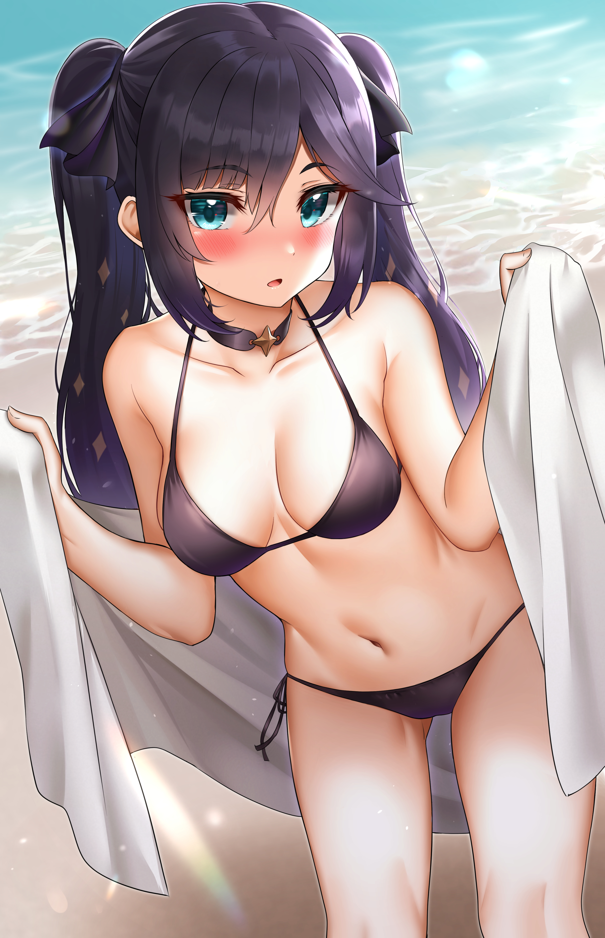 1girls, alternate costume, beach, bikini, blue eyes, blush, breasts, choker, eyebrows visible through hair, eyes visible through hair, female, female only, genshin impact, long hair, looking at viewer, mona (genshin impact), outside, purple hair, solo, solo female, sunhyun, swimsuit, twintails