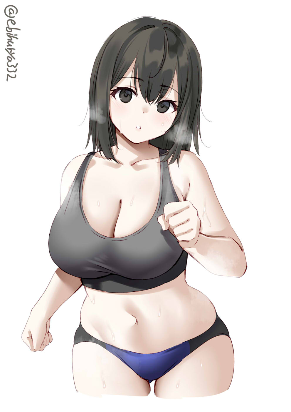 akitsu_maru_(kantai_collection) bangs big_breasts black_eyes black_hair bloomers blush buruma cleavage ebifurya female female_only kantai_collection looking_at_viewer medium_hair pale-skinned_female pale_skin running solo sports_bra sweat visible_breath wide_hips