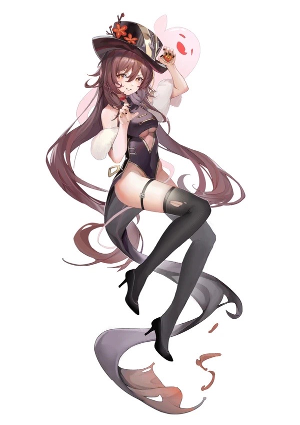 breasts, brown hair, female, genshin impact, high heels, hu tao (genshin impact), leotard, red eyes, thick thighs, thighhighs, thighs, twintails, xiuxiu