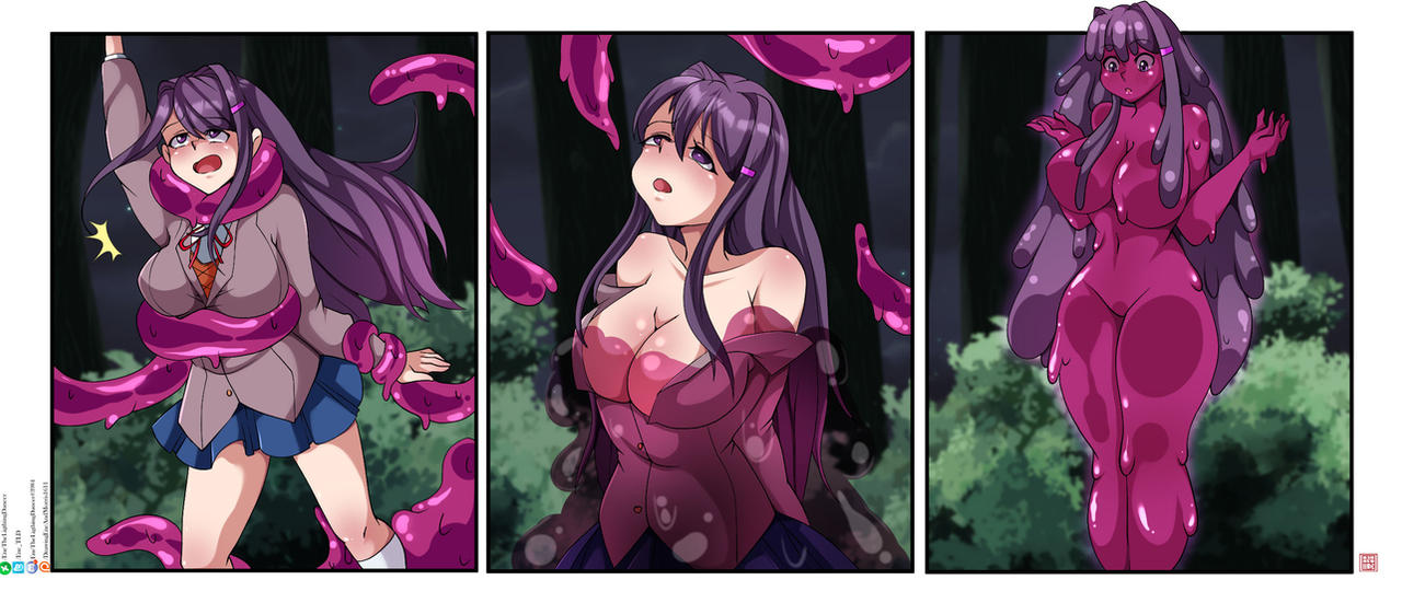 ass, breasts, clothing, comic, corruption, doki doki literature club, enetheligthingdancer, female, fusion, goo, goo girl, goo transformation, large ass, large breasts, skirt, slime, slime girl, tentacle, thick thighs, transformation, transformation sequence, wide hips, yuri (doki doki literature club)