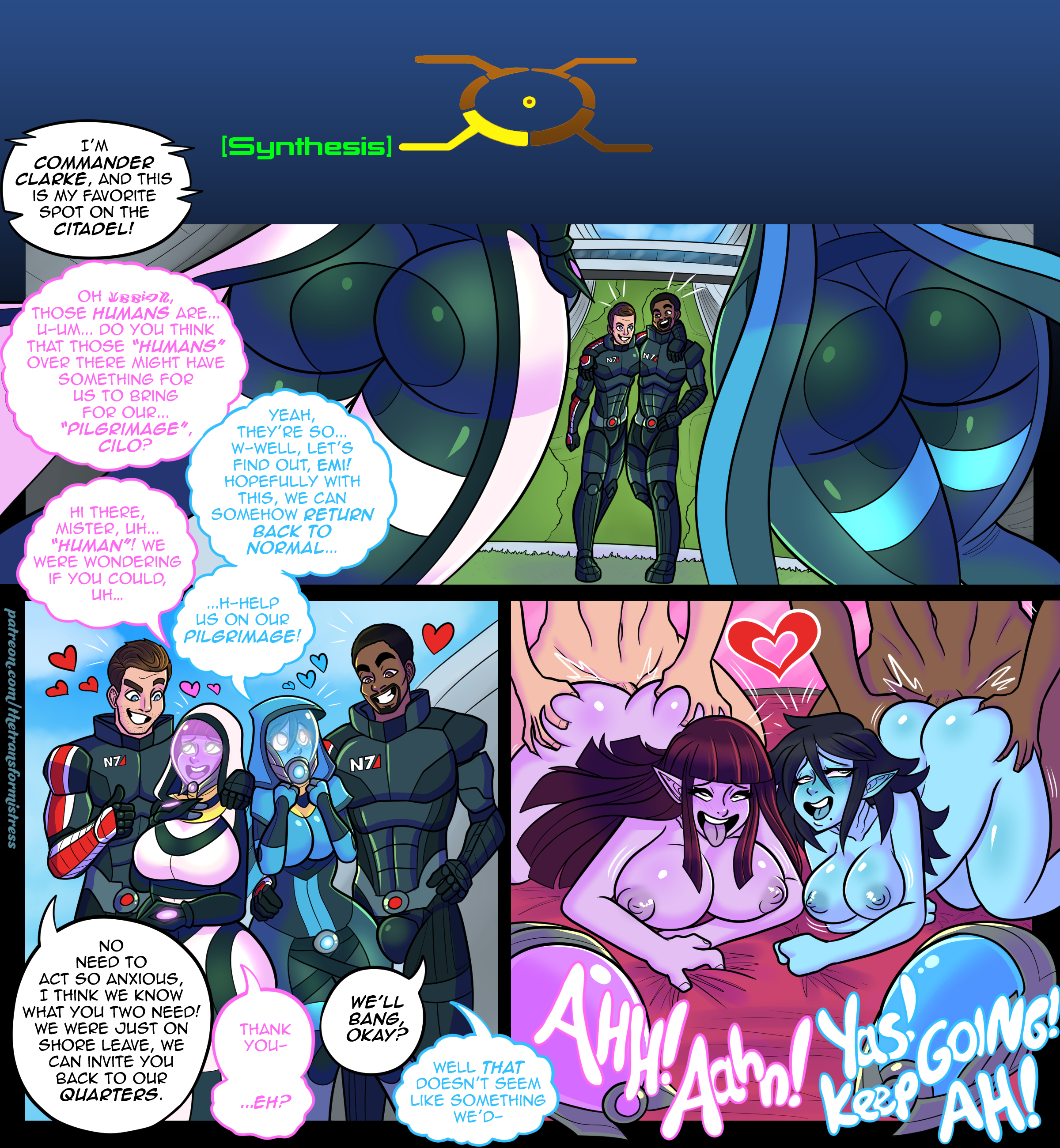 2boys, 2girls, alien girl, ass, blue skin, bodysuit, breasts, comic, comic page, doggy style, english text, female, helmet, hood, male, mask, mass effect, naked, pink skin, quarian, skintight bodysuit, text, thetransformistress, thick ass, thick thighs, thighs