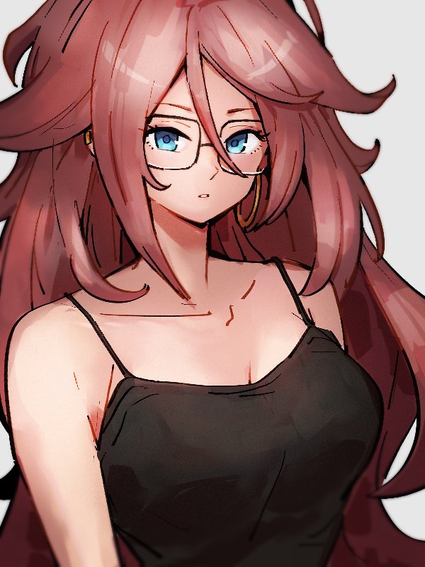 1girls android_21 android_21_(human) blue_eyes breasts brown_hair collarbone dragon_ball dragon_ball_fighterz earrings glasses kemachiku long_hair solo solo_female tank_top