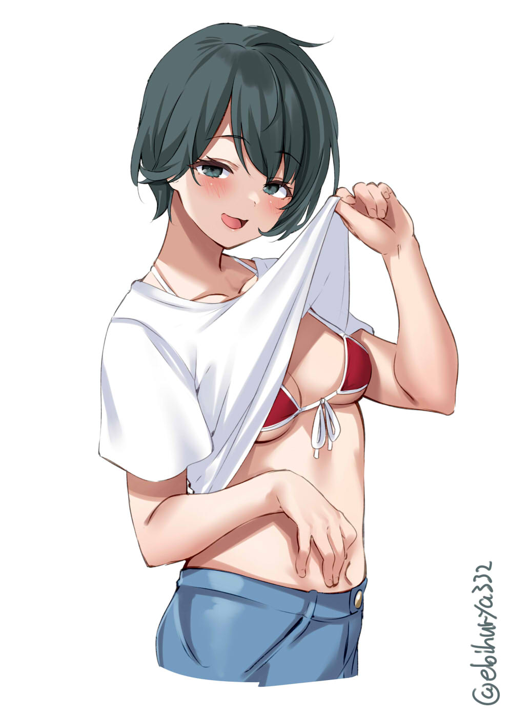 bangs, bikini top, black eyes, black hair, blush, breasts, dark hair, ebifurya, female, female only, kantai collection, looking at viewer, mogami (kantai collection), presenting, presenting breasts, red bikini top, shirt lift, short hair, short sleeves, showing off, small breasts, smile, solo, t-shirt, teasing, tomboy, underboob
