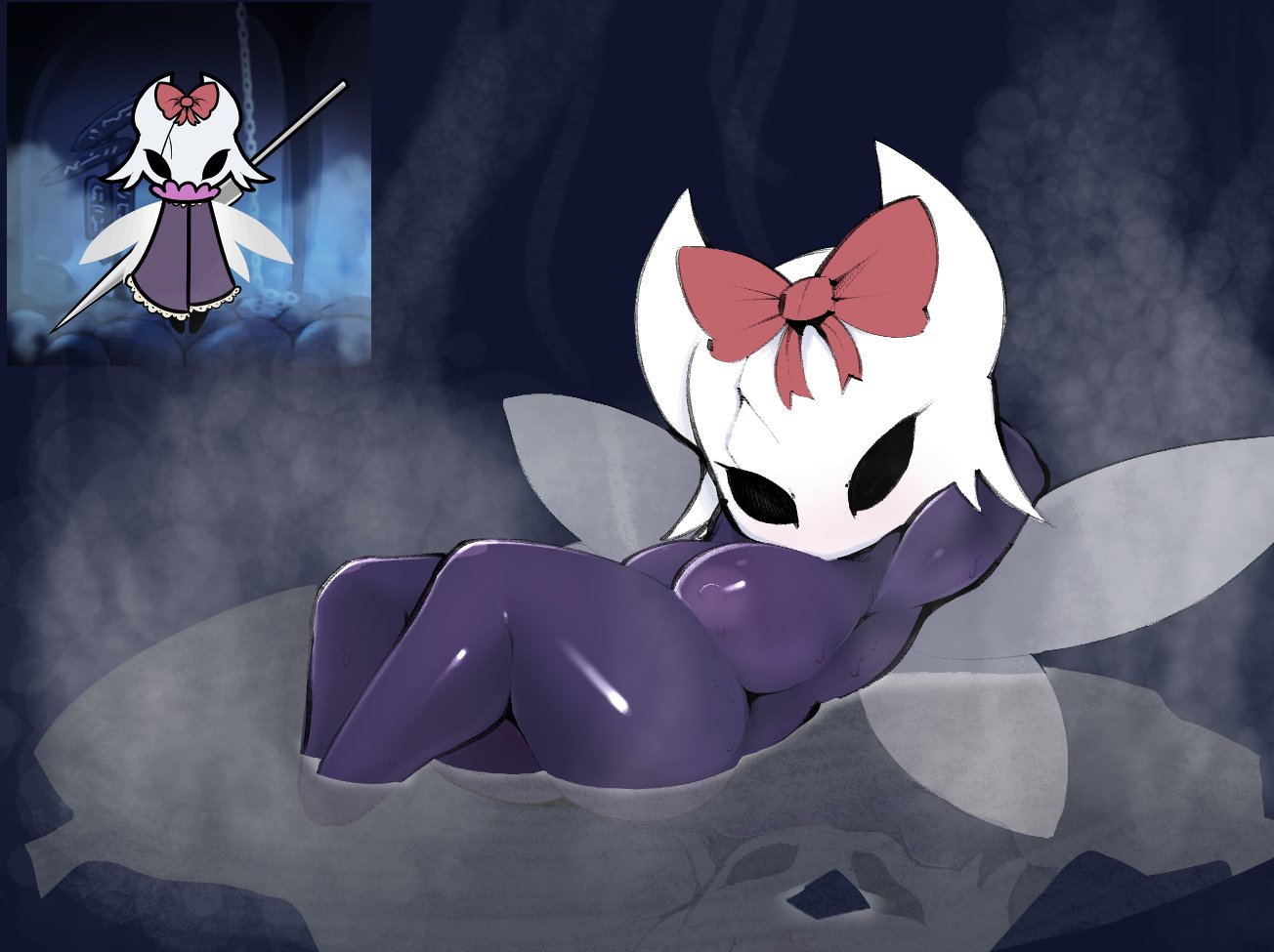 accessory, animal humanoid, areola, arms above head, arthropod, arthropod humanoid, big breasts, bodily fluids, breasts, fairy wings, fan character, female, hair accessory, hair ribbon, hairbow, hands behind head, hollow knight, hot spring, humanoid, insect humanoid, insects, lying, nipples, reflection, ribbons, solo, spring, steam, sweat, team cherry, unyin, vessel (species), video games, wet, wings
