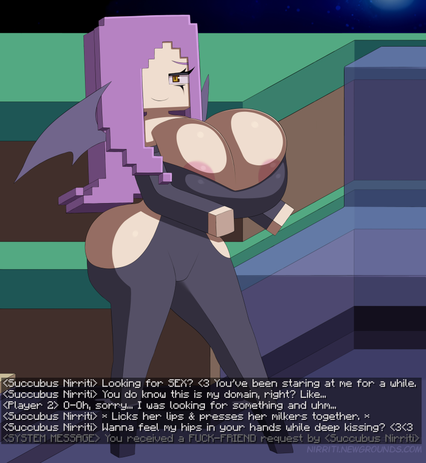 amber_eyes ass bat_wings big_ass big_breasts black_dress cleavage clothed clothing dialogue dialogue_box dress english_text eyelashes female female_only flirting goth half-closed_eyes hourglass_figure huge_breasts light-skinned_female long_hair looking_at_viewer minecraft night nipples nipples_outside nirriti original_character purple_hair shiny_skin smile spandex succubus succubus_nirriti teasing text thick_thighs tight_clothing tight_dress water waterfall white_skin wide_hips