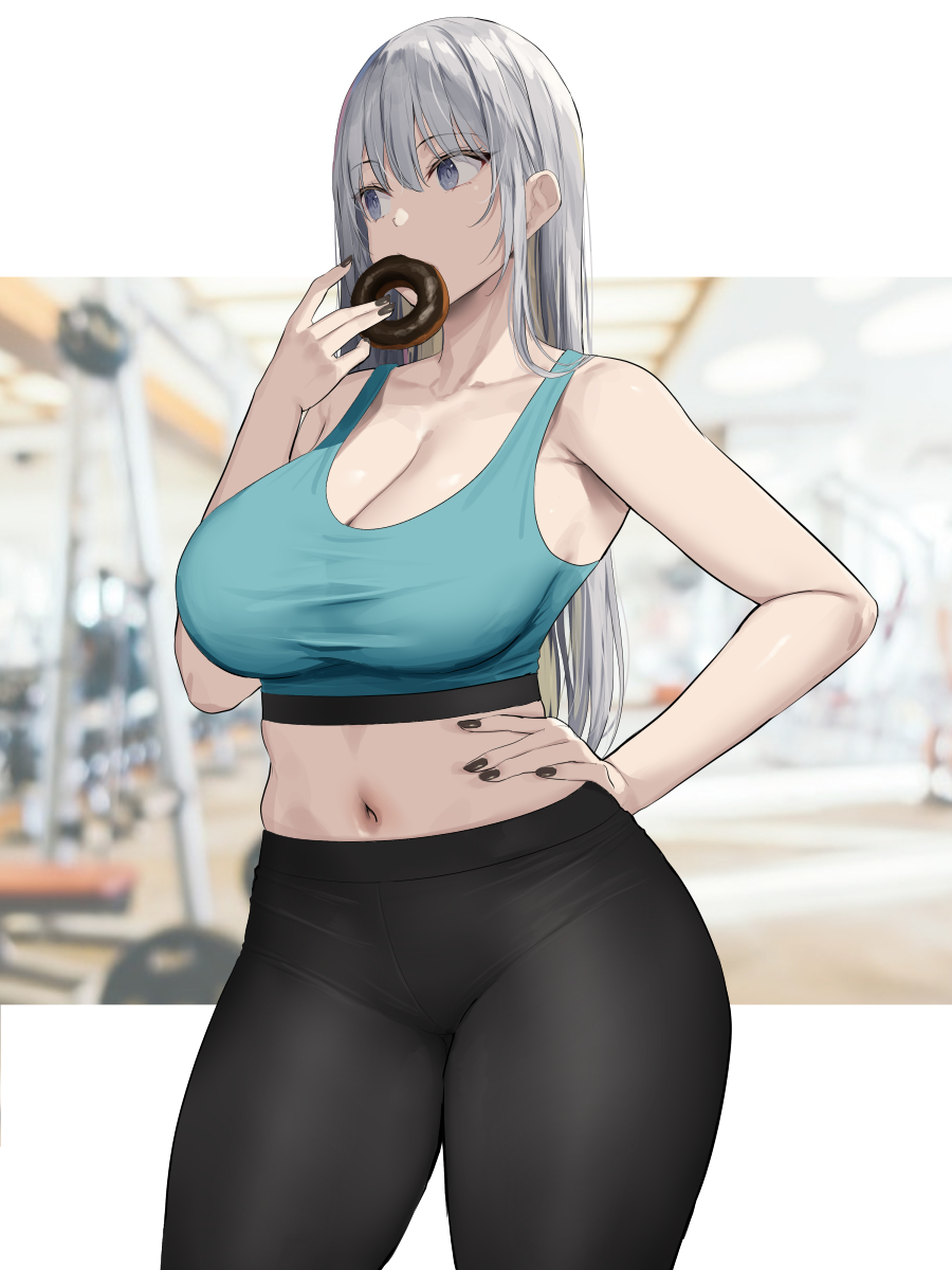1girls, bangs, bare shoulders, black pants, blue eyes, blue sports bra, blush, breasts, cleavage, collarbone, doughnut, female, female focus, female only, food, fully clothed, highres, large breasts, leggings, long hair, looking to the side, midriff, navel, oekakizuki, original, pants, silver hair, solo, solo female, solo focus, sports bra, thighs, tight, tight pants, yoga pants
