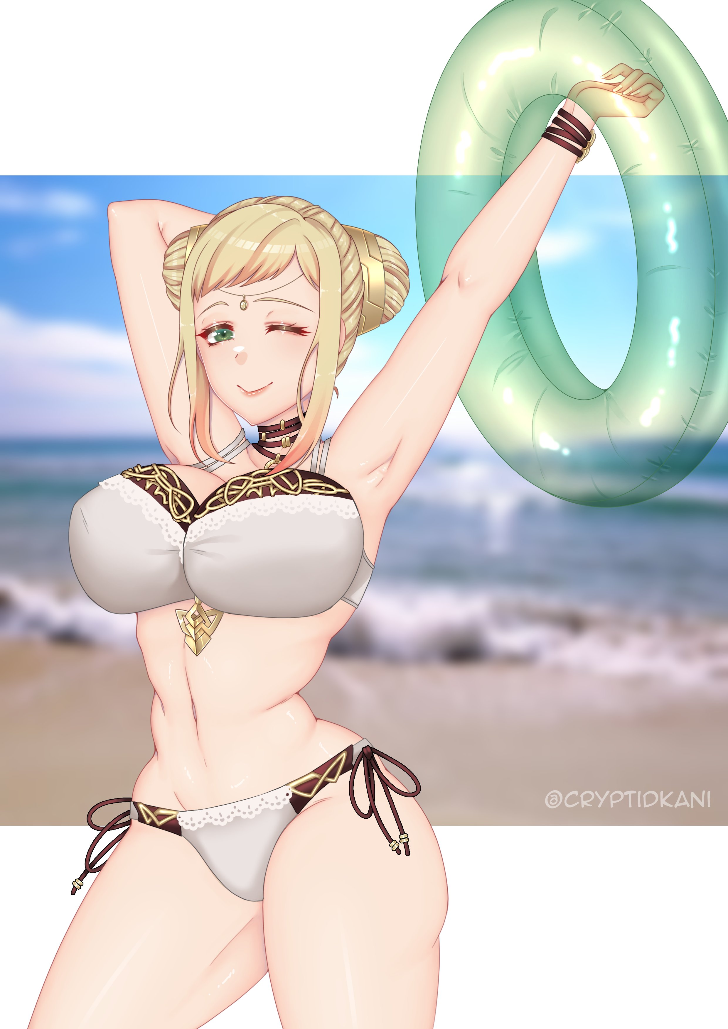 ;), 1girls, alternate costume, armpits, arms up, bare thighs, bikini, blonde hair, breasts, cryptid crab, double bun, female, female only, fire emblem, fire emblem heroes, green eyes, grey bikini, grey swimsuit, henriette (fire emblem), huge breasts, innertube, looking at viewer, milf, multicolored bikini, multicolored hair, navel, nintendo, one eye closed, short hair, smile, solo, swimsuit, thighs, white bikini, white swimsuit