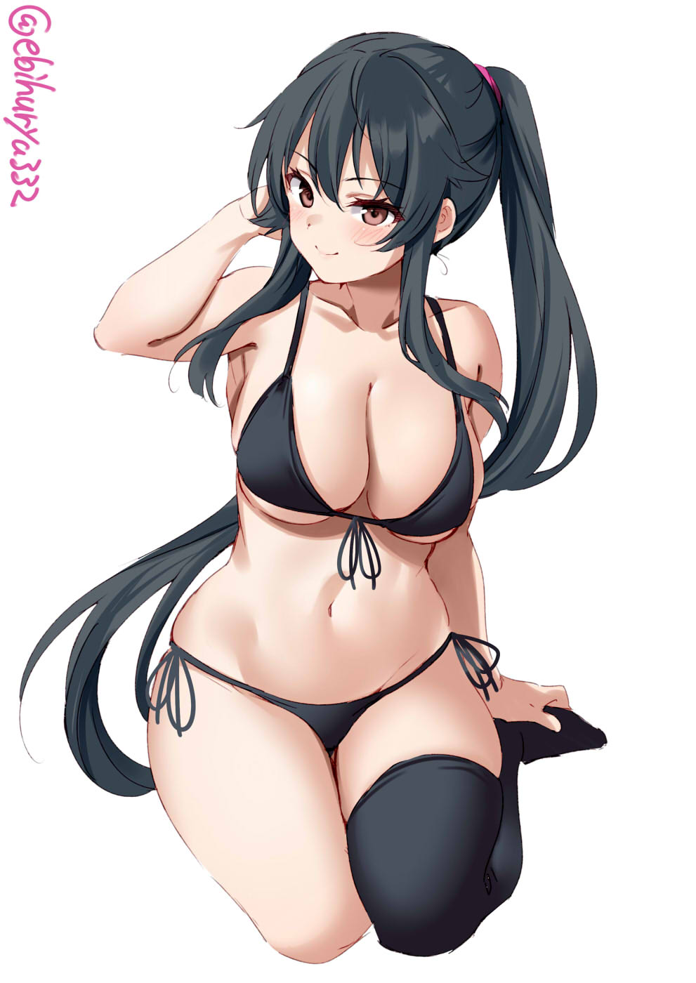 bangs, big breasts, bikini, black bikini, black hair, blush, breasts, brown eyes, cleavage, ebifurya, female, female only, kantai collection, long hair, looking at viewer, ponytail, side-tie bikini, sidelocks, single thighhigh, sitting, smile, solo, thick thighs, underboob, very long hair, wide hips, yahagi (kantai collection)