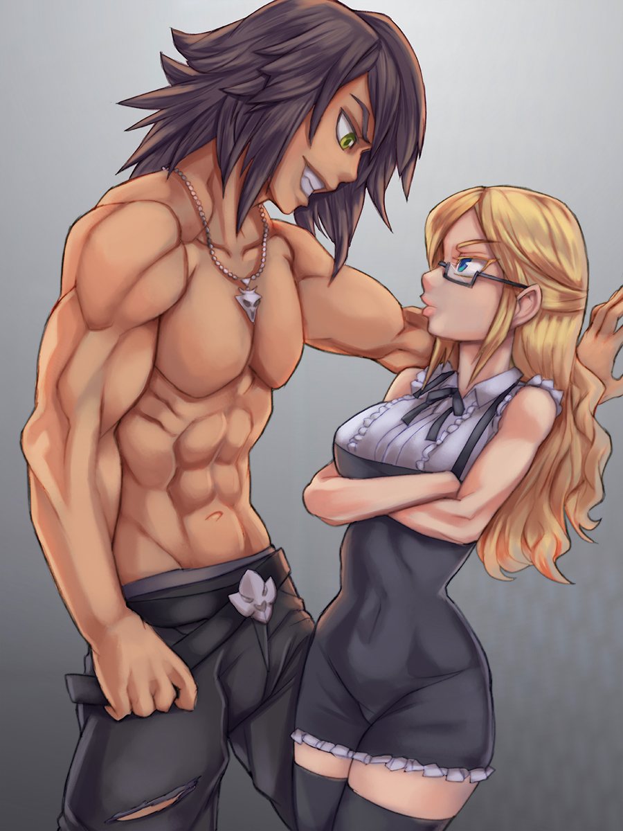 1boy 1girls black_hair blonde_hair blue_eyes clothed covered_navel dress eye_contact female glasses grin impossible_clothes kabedon larger_male long_hair looking_at_partner looking_down looking_up male minidress mitsuki_konishi muscular_male necklace neo:_the_world_ends_with_you rammionn shirtless shirtless_(male) sho_minamimoto shorter_female size_difference skin_tight smaller_female taller_male the_world_ends_with_you thighhighs tight_clothing