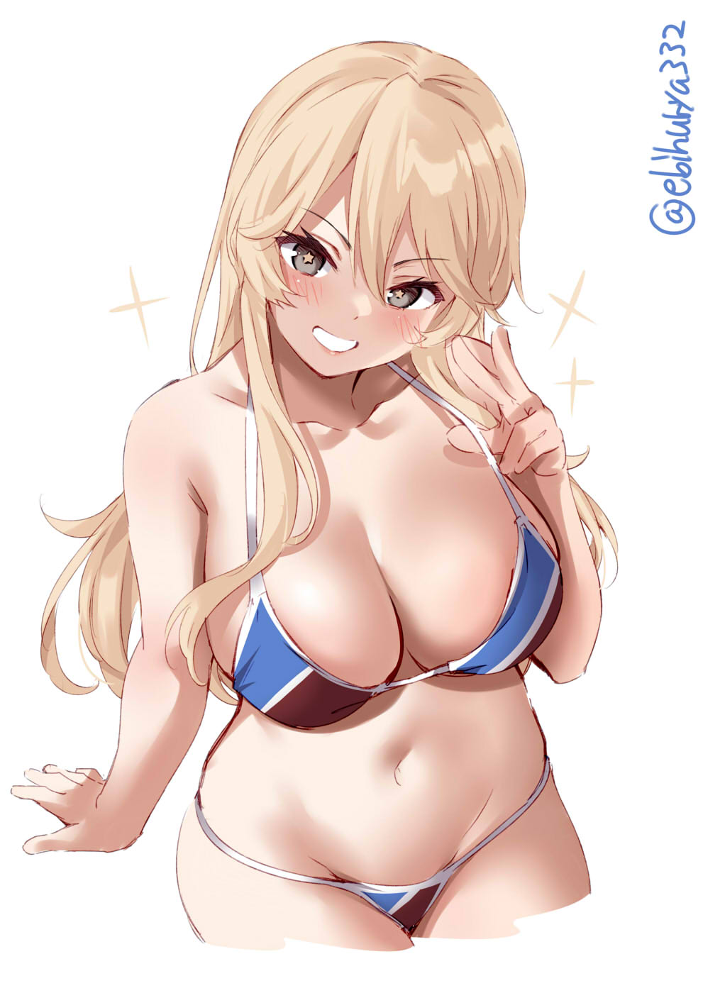 bangs, big breasts, bikini, blonde hair, blush, breasts, cleavage, ebifurya, female, female only, grey eyes, iowa (kantai collection), kantai collection, long hair, looking at viewer, navel, sidelocks, sitting, smile, solo, star-shaped pupils, swimsuit
