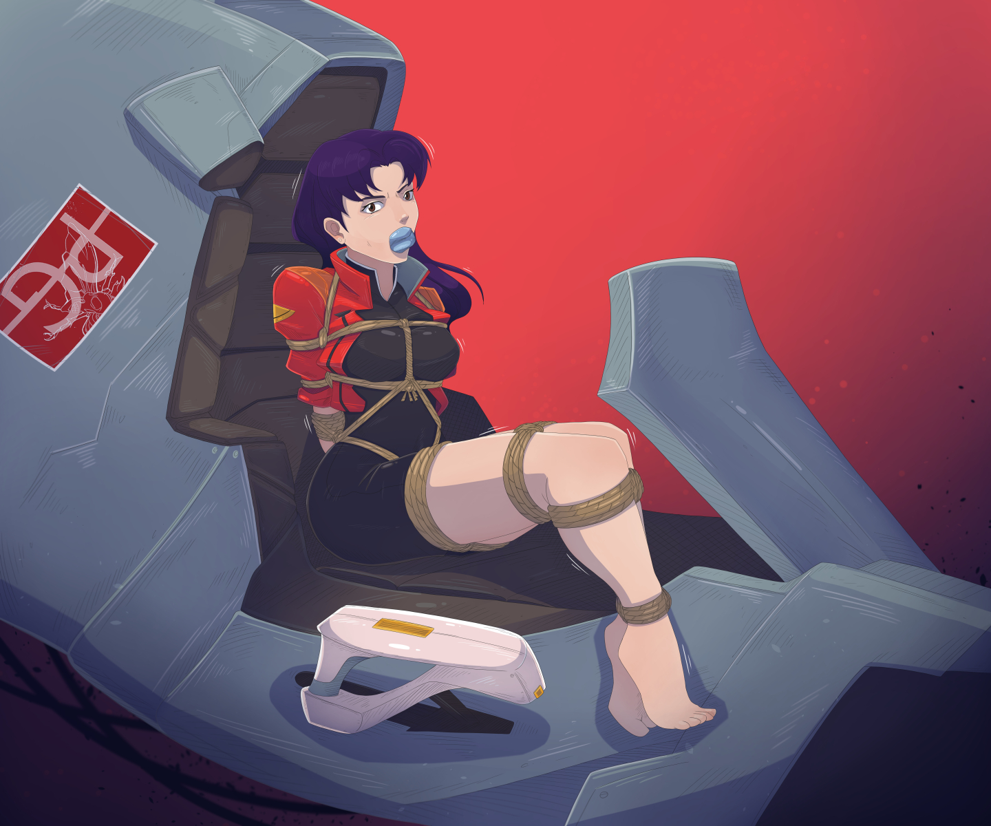 arms behind back, ass, bare shoulders, bondage, bound arms, bound legs, breasts, cloth, cloth gag, clothing, damsel in distress, feet, female, gag, gagged, large breasts, misato katsuragi, neon genesis evangelion, pgratedslasher, purple hair, rope bondage, round ass, stuffed mouth gag, toes