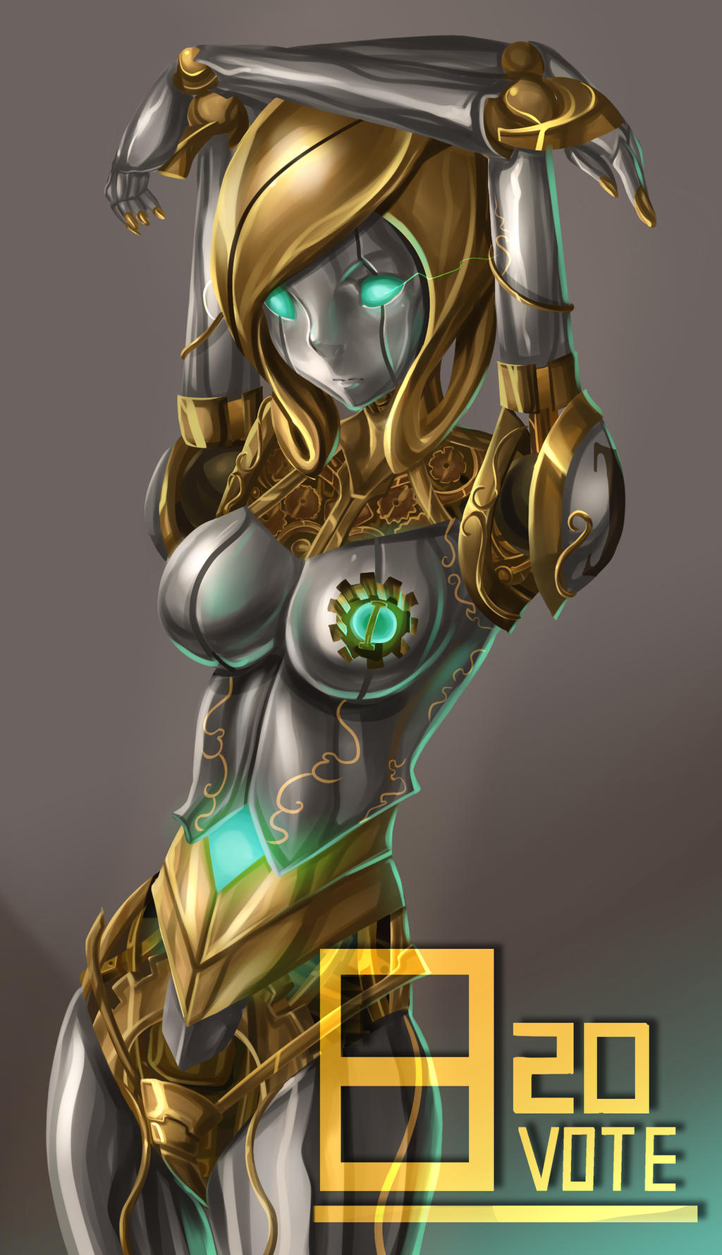 clockwork empty_eyes expressionless female gold_hair ibenz009 large_breasts mechanic metallic_body robot_girl silver_skin steampunk