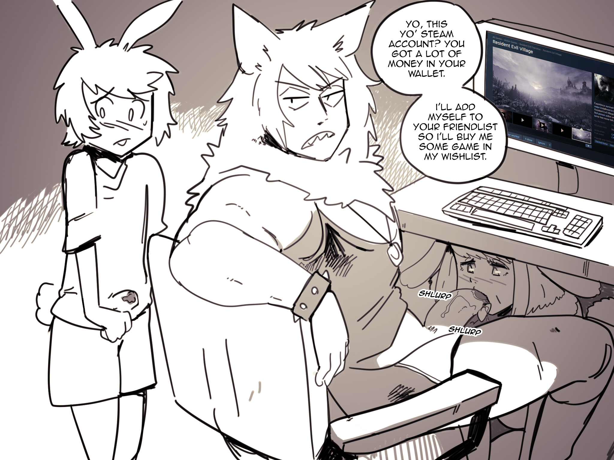 being watched, blowjob, bunny boy, bunny ears, bunny girl, clothed sex, cuckold, dialogue, erection under clothes, fellatio, female, femboy, hi res, kiba (wolfgang bang), looking at penis, male, netorare, oral sex, original, penis, penis size difference, sketch, sunny (wolfgang bang), text, tommy (wolfgang bang), under the table, wolf boy, wolf ears, wolfgang bang, year request