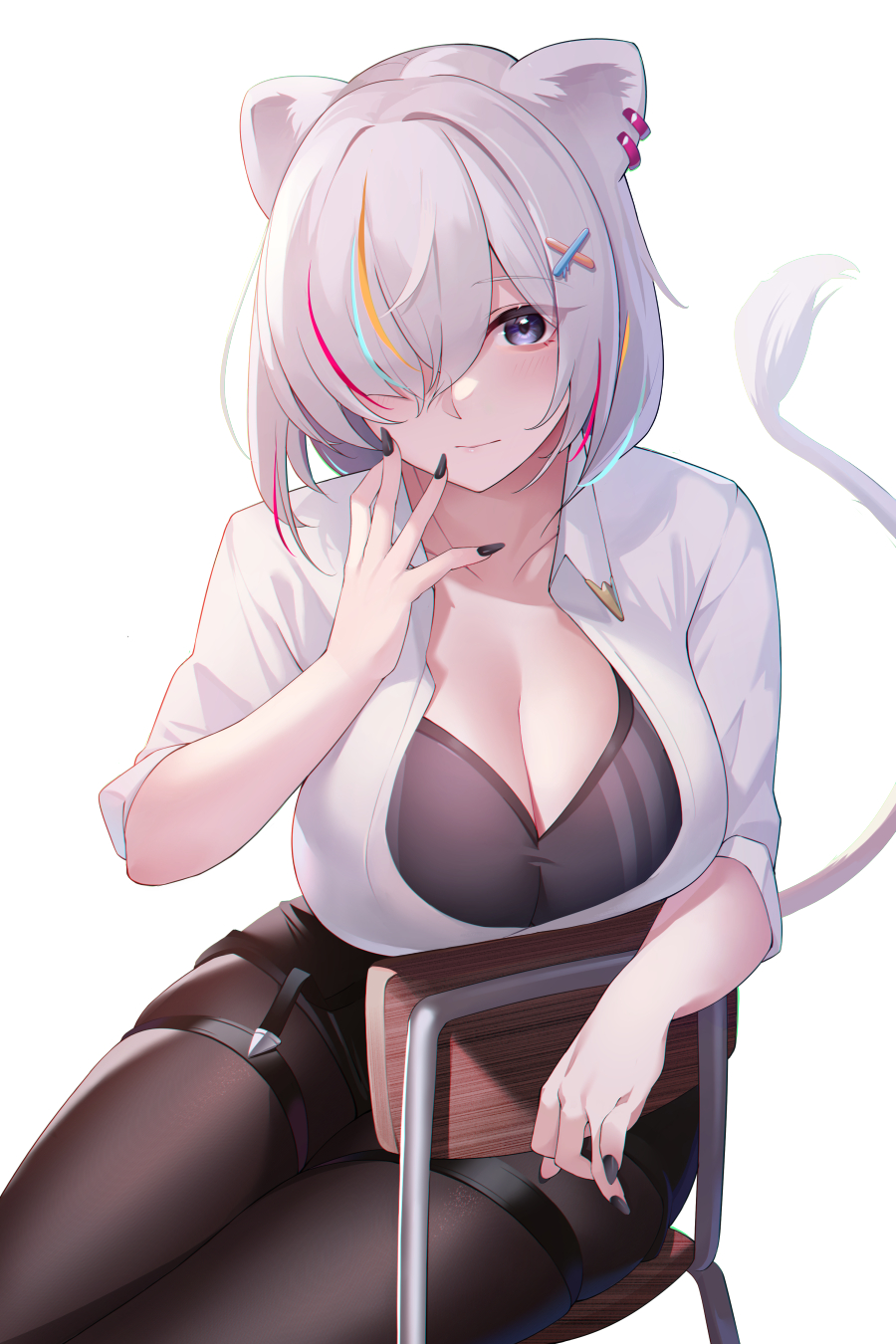1girls, big breasts, black nails, blushing, breasts, cleavage, expressionless, female, female only, fingernails, fully clothed, grey eyes, hololive, hololive gen 5, hololive japan, kaneko (bblogtinhan), large breasts, lion tail, long nails, nail polish, pantyhose, shishiro botan, short hair, solo female, thick thighs, thigh strap, tights, unbuttoned shirt, virtual youtuber, white hair