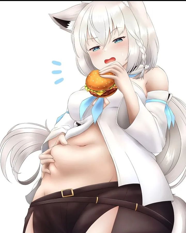 bbw belly_button chubby chubby_female eating fat_belly fox_ears fox_girl full_belly hamburger hand_on_belly hololive hololive_gamers hololive_gen_1 hololive_japan kemonomimi medium_breasts shirakami_fubuki stuffed virtual_youtuber weight_conscious white_background white_hair wide_hips