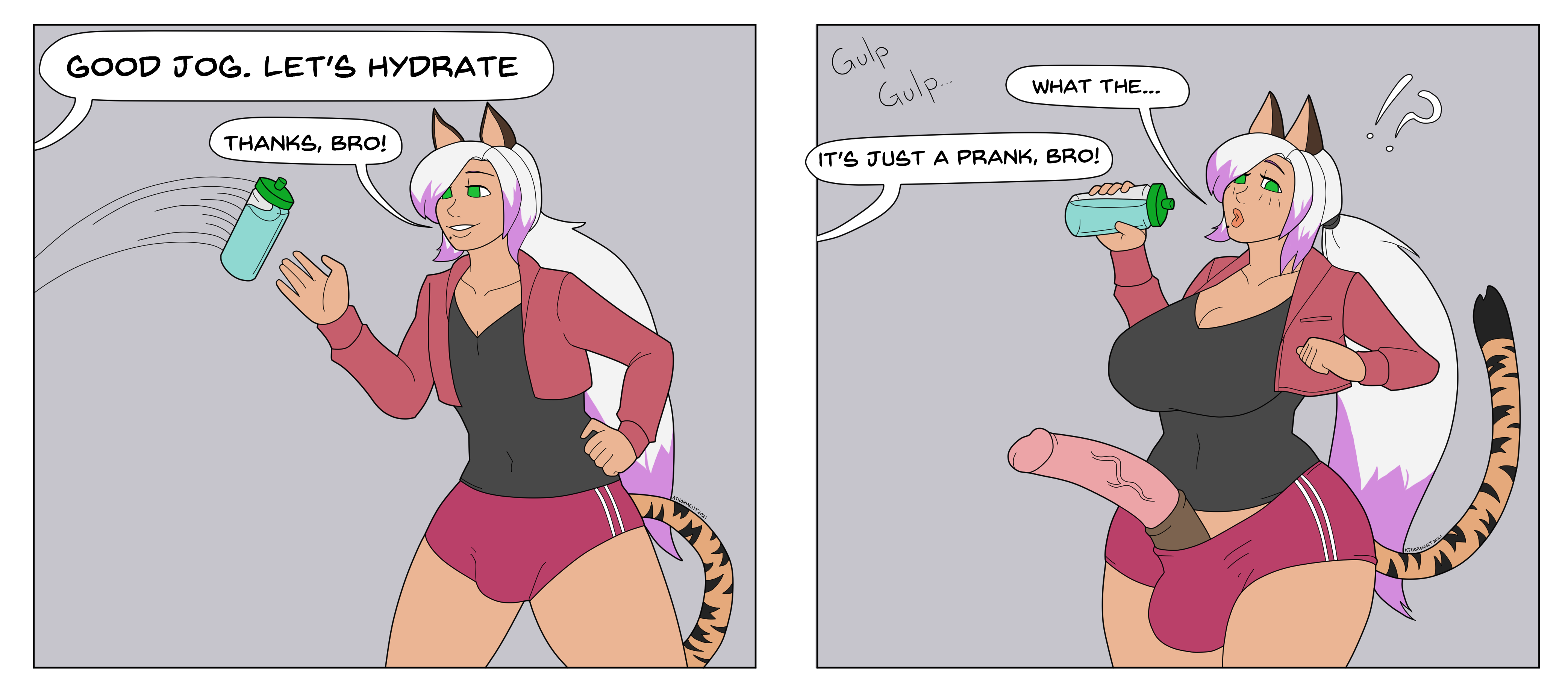 1boy, 1futa, animal ears, animal genitalia on humanoid, ass expansion, athorment, balls, balls expansion, balls growth, balls growth (enlargement), big breasts, breast growth, breasts, cat ears, clothed, clothing, comic strip, dialogue, femboy, fully clothed, furry, futa transformation, futanari, gender transformation, genital expansion, genital growth, genital growth (enlargement), horsecock, horsecock on humanoid, huge cock, humanoid, intersex, kemonomimi, light skin, light-skinned futa, long hair, male, male to futa, penis, penis expansion, penis grab, penis growth, penis growth (enlargement), penis out, ponytail, prank, solo, standing, tagme, text, thick thighs, tiger tail, transformation, wide hips, zeke (tiger loods)