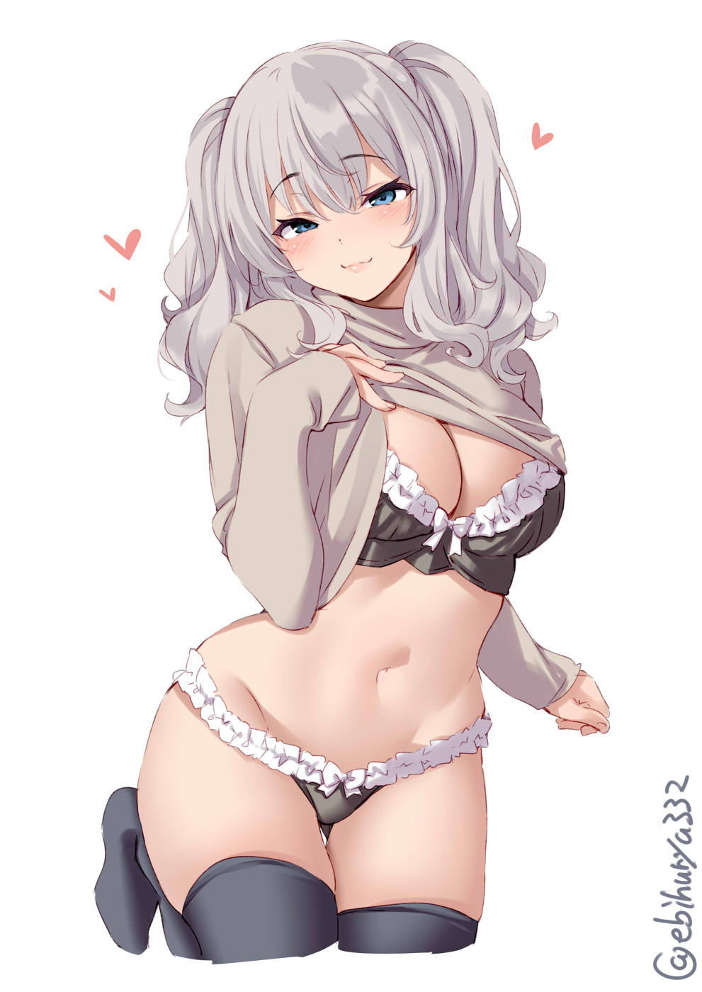 :3, 1girls, bangs, big breasts, black bra, black legwear, black panties, black thighhighs, blue eyes, blush, bra, breasts, cleavage, clothing, ebifurya, female, female only, frilled bra, frilled panties, frills, kantai collection, kashima (kantai collection), legs together, long hair, long sleeves, matching underwear, panties, shirt, shirt lift, silver hair, smile, solo, thick thighs, thighhighs, turtleneck, twintails, wavy hair, wide hips, zettai ryouiki