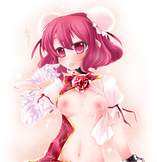 1girls akihara_nakuru bandaged_arm cum cum_on_breasts eyebrows_visible_through_hair female female_only hair_bun inverted_nipples kasen_ibaraki medium_breasts pink_eyes pink_hair solo tongue tongue_out touhou