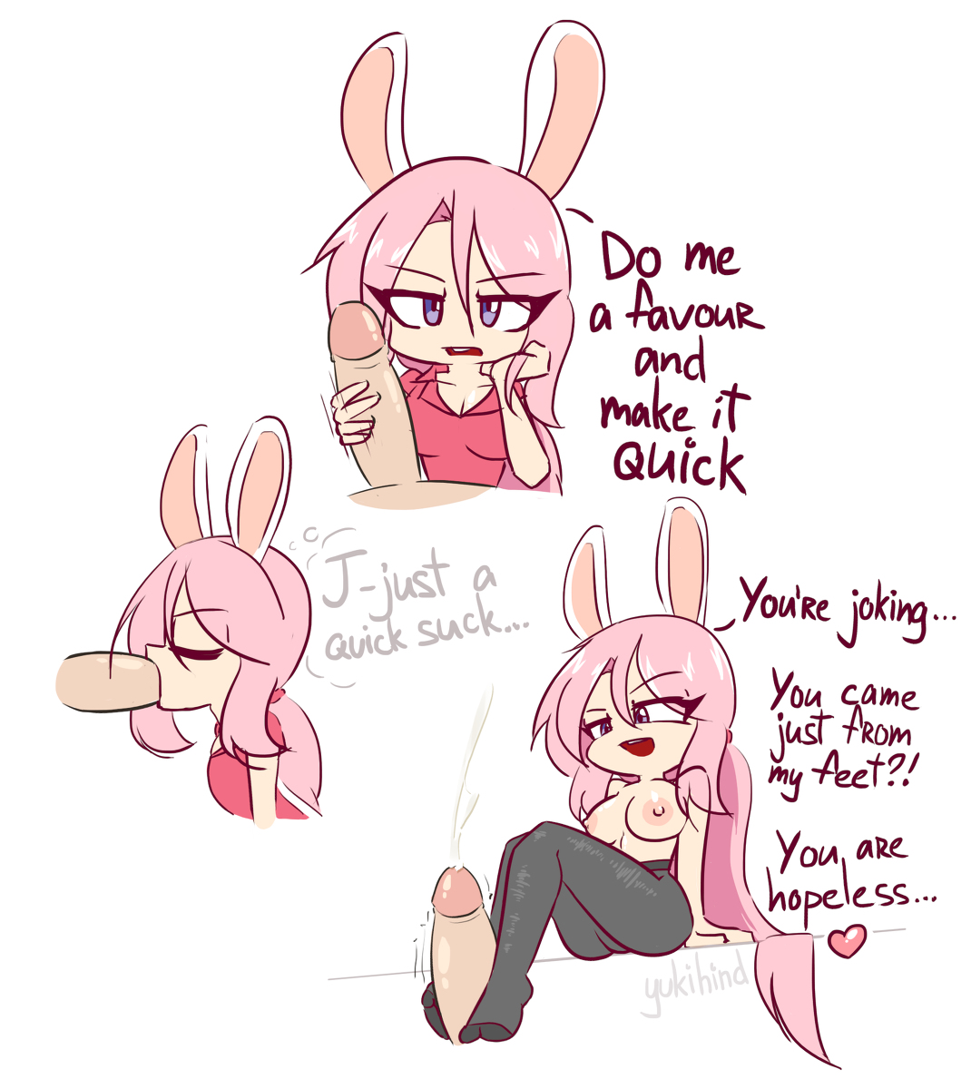 1boy, 1girls, animal ears, areolae, breasts, bunny ears, cum, english text, feet, female, foot fetish, footjob, footjob with legwear, heart, human, humanoid penis, legwear, long hair, male, medium breasts, mouth open, naked, nipples, nude, nude female, oc, open mouth, penis, pink hair, purple eyes, simple background, text, white background