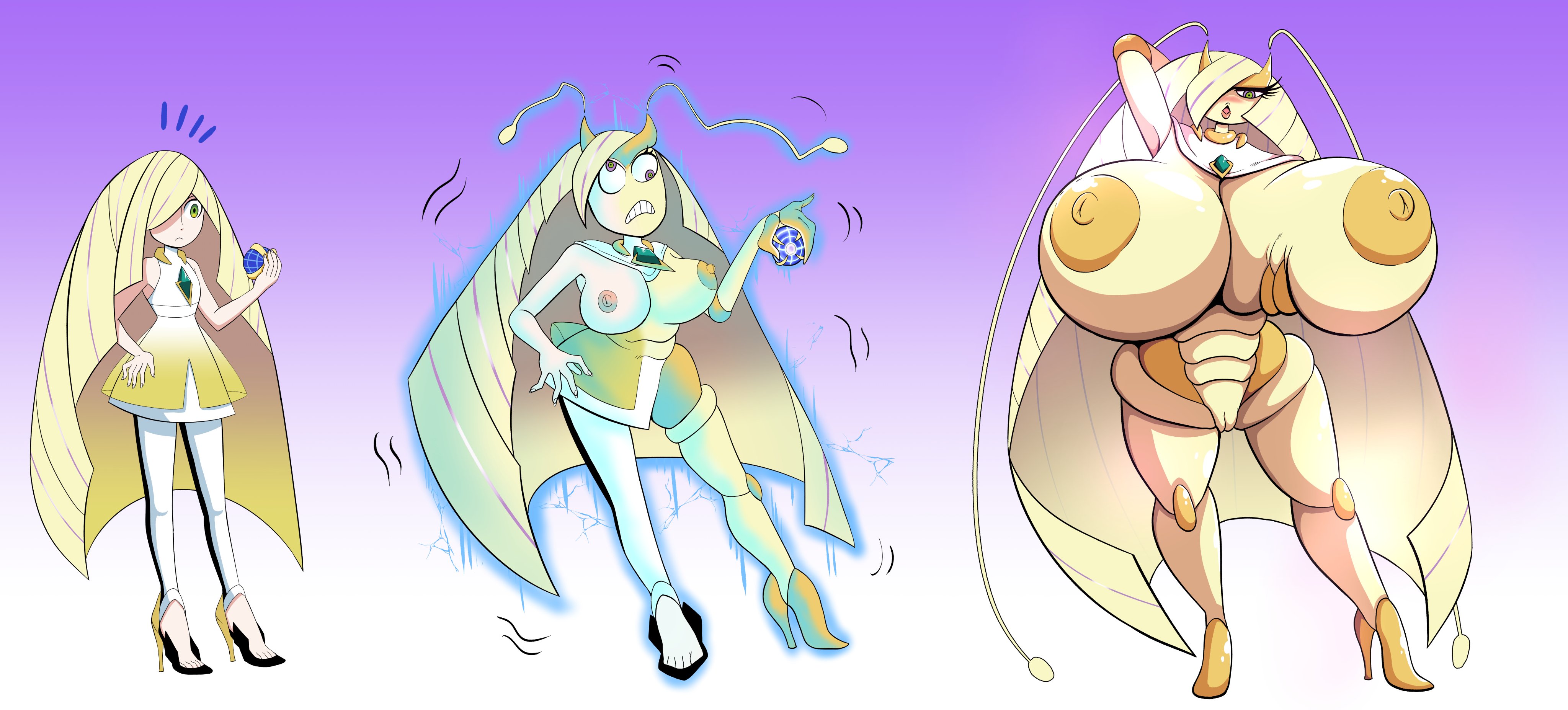 anthro, ass, ass expansion, breast expansion, breast growth, breast growth (enlargement), breasts, eddaslime, female, heeled feet, huge ass, huge breasts, human to anthro, hyper, hyper breasts, insect girl, insects, lusamine (pokemon), lusamine the pheromosa, nipples, pheromosa, pokemon, pokemon (species), pokemon sm, species transformation, transformation, transformation sequence