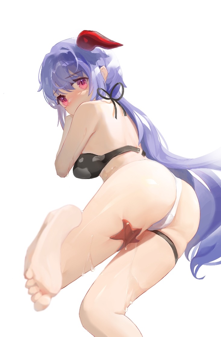 adeptus artist_request ass ass_focus bikini blue_hair blush breasts feet ganyu_(genshin_impact) genshin_impact horns looking_at_viewer looking_back purple_hair qilin soles swimsuit thick_ass thick_thighs thighs