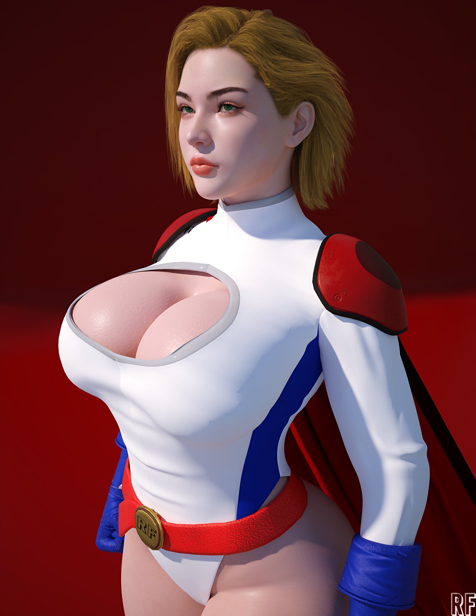 1girls, 3d, big breasts, breasts, cleavage, dc, dc comics, female, female only, kara zor-l, karen starr, large breasts, power girl, rude frog, solo, superheroine, superman (series)