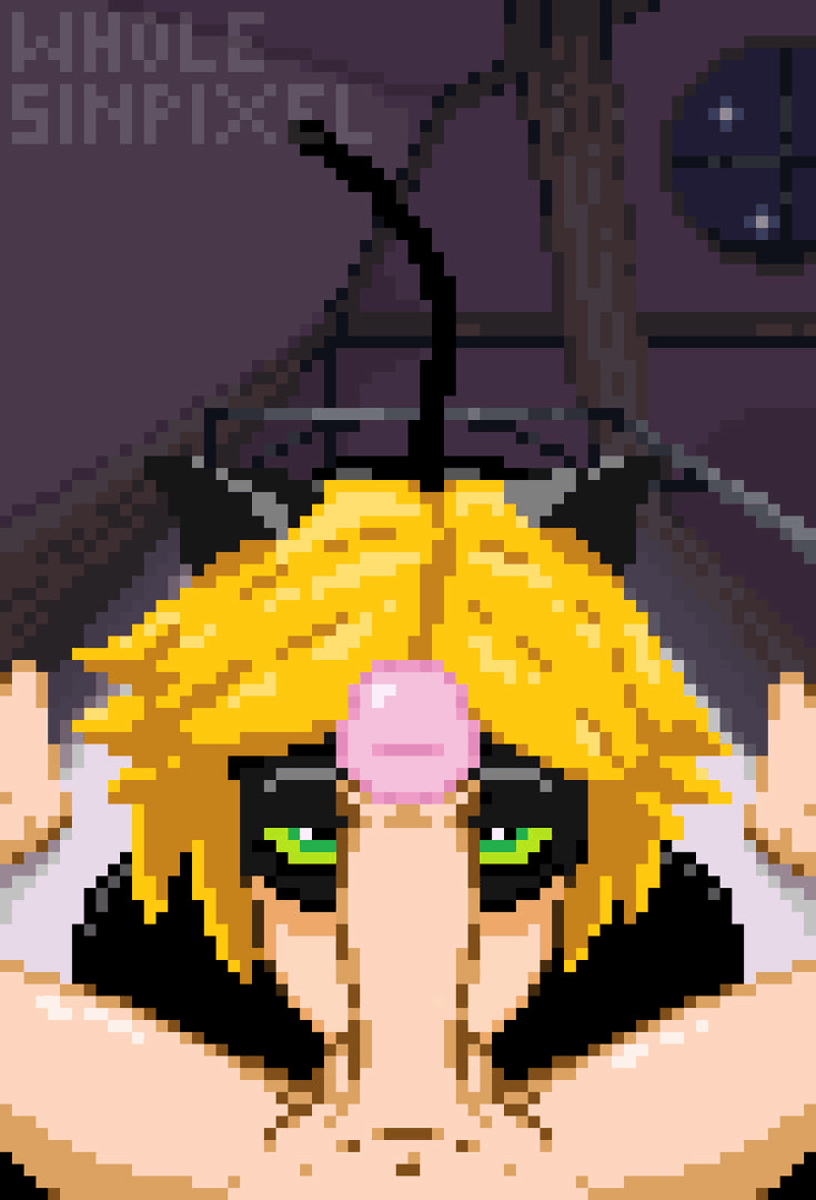 1boy, 1futa, 1girls, adrien agreste, aged up, animated, cat ears, cat noir, cat tail, female, futanari, intersex, licking penis, looking at viewer, marinette cheng, marinette dupain-cheng, miraculous ladybug, penis, pixel art, tagme, wholesinpixel