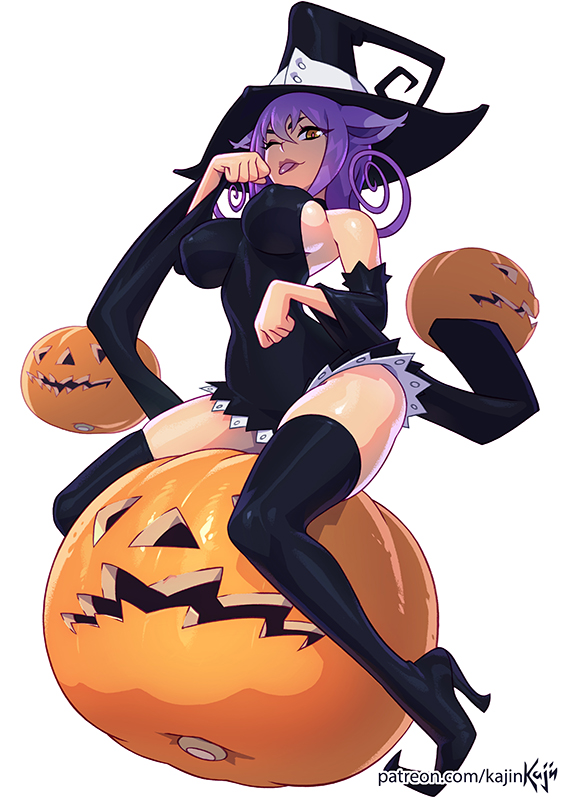 1girls, big breasts, blair (soul eater), breasts, female, female only, halloween, high heel boots, high heels, kajinman, large breasts, solo, soul eater, thighhighs