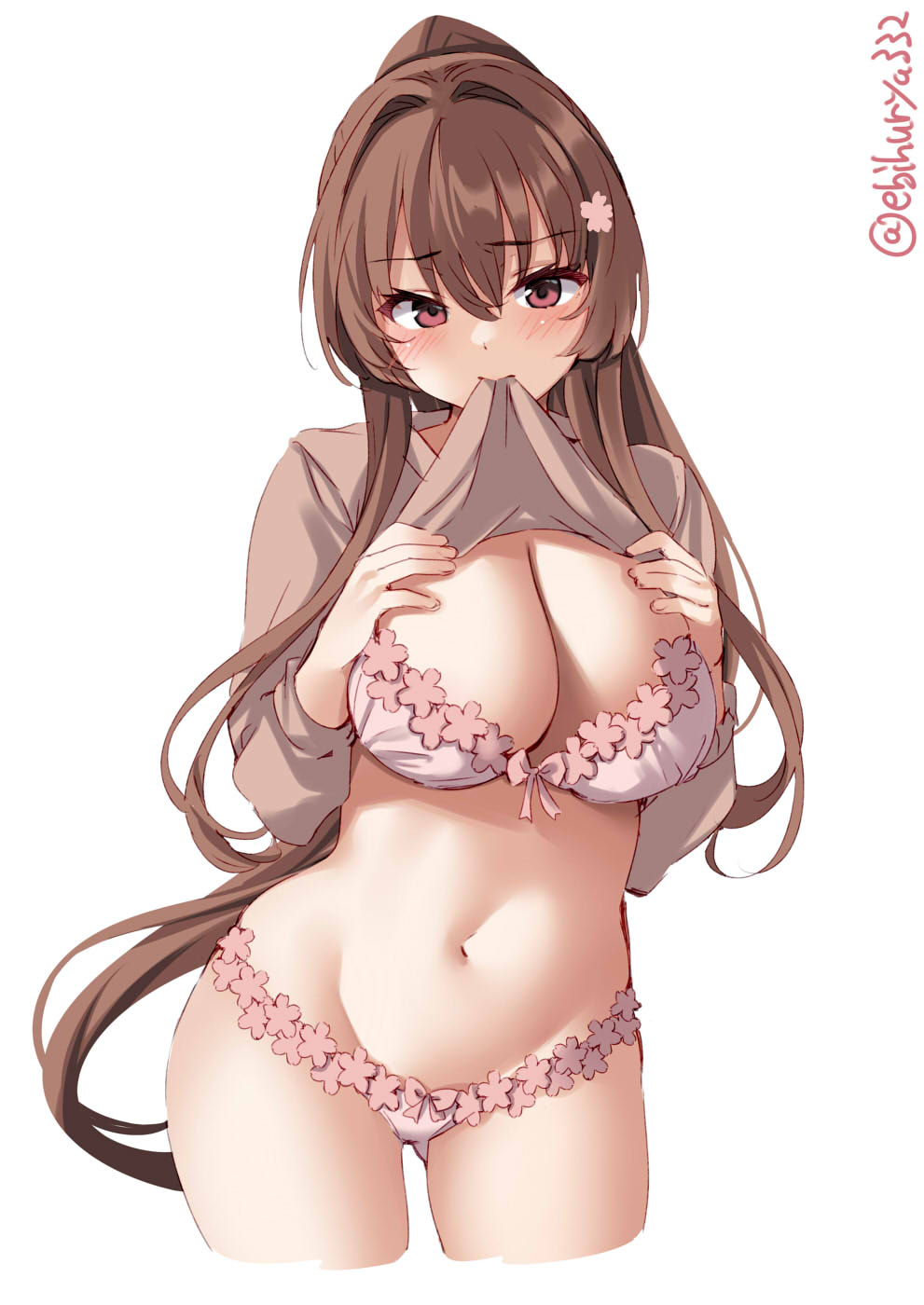 1girls, bangs, big breasts, blush, bra, breasts, brown hair, cleavage, clothing, ebifurya, female, female only, flower in hair, hair between eyes, hairclip, kantai collection, long hair, long sleeves, looking at viewer, matching underwear, panties, pink bra, pink panties, ponytail, red eyes, shirt, shirt in mouth, shirt lift, sidelocks, solo, very long hair, wide hips, yamato (kantai collection)
