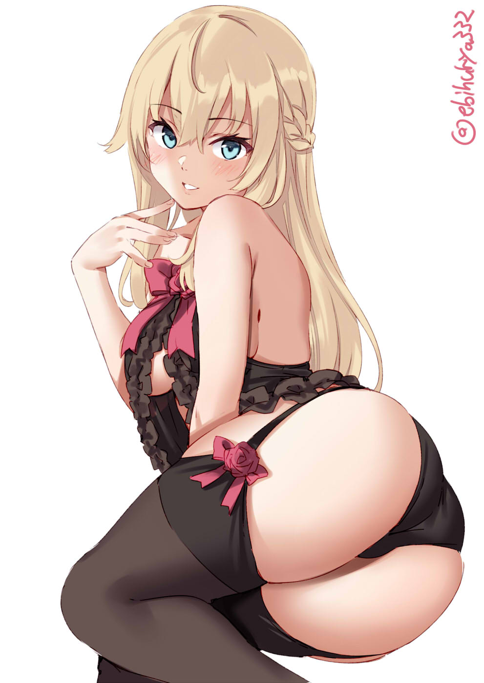 ass_focus bangs big_ass black_legwear black_panties blonde_hair blue_eyes blush ebifurya female female_only garter_straps kantai_collection lingerie long_hair looking_at_viewer on_side panties sideboob smile solo stockings thick_thighs warspite_(kantai_collection)