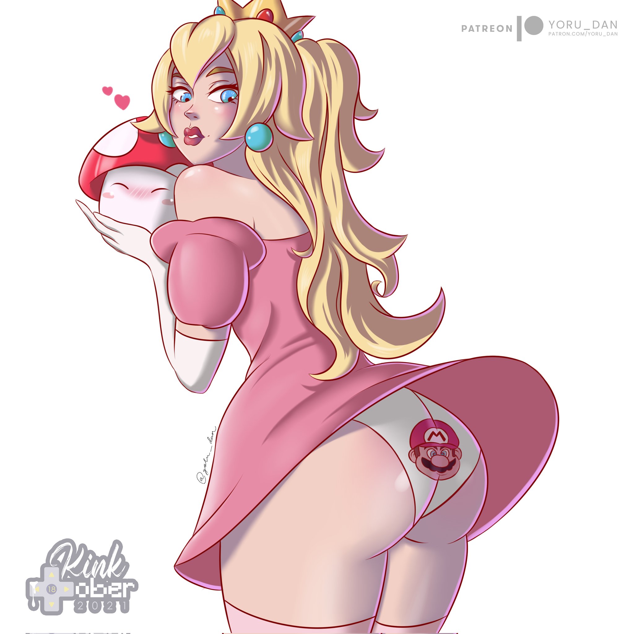 1girls, ass, big ass, blonde hair, blue eyes, dress lift, eye contact, female, long hair, looking at viewer, mario, mario (series), nintendo, panties, princess peach, solo, super mario bros., thick thighs, thighhighs, thighs, yoru dan