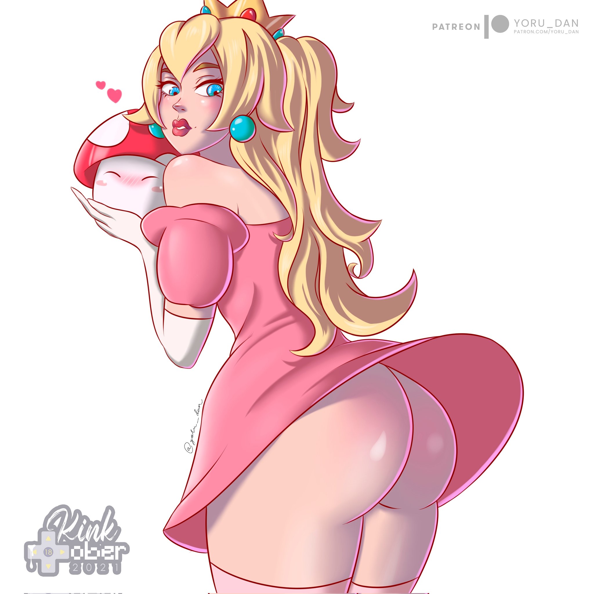 1girls, 2021, ass, big ass, blonde hair, blue eyes, crown, dress lift, eye contact, female, long hair, looking at viewer, mario (series), nintendo, no panties, princess peach, solo, super mario bros., thick thighs, thighhighs, thighs, white background, yoru dan
