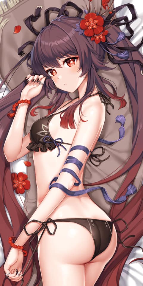 ass, bra, female, flower, flower in hair, genshin impact, hair ornament, hu tao (genshin impact), long hair, looking at viewer, looking back, red eyes, thighs, twintails, underwear