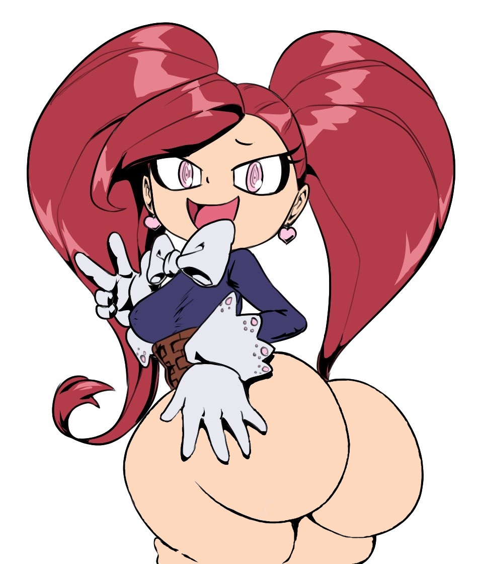 1girls, aiba manami, ass, ass focus, ass grab, back view, backside, bare ass, big ass, bottomless, bowtie, earrings, exposed ass, eyelashes, female, female focus, female only, gloves, grabbing own ass, heart earrings, la brava (my hero academia), large ass, light skin, light-skinned female, long hair, long sleeves, looking at viewer, looking back, mouth open, my hero academia, nipple bulge, open mouth, partially clothed, pigtails, pink eyes, ponytails, rear view, red hair, shortstack, simple background, solid color background, solo, solo female, solo focus, spreading ass, thecon, thick ass, tied hair, topwear, topwear only, twintails, white background