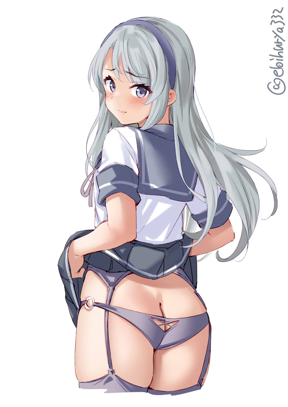 ass, ass focus, back view, blush, ebifurya, female, female only, garter belt, garter straps, grey hair, hairband, kantai collection, looking at viewer, looking back, panties, pleated skirt, presenting, presenting hindquarters, purple eyes, sagiri (kantai collection), serafuku, short sleeves, skirt lift, solo, stockings, thick thighs, thighhighs, zettai ryouiki