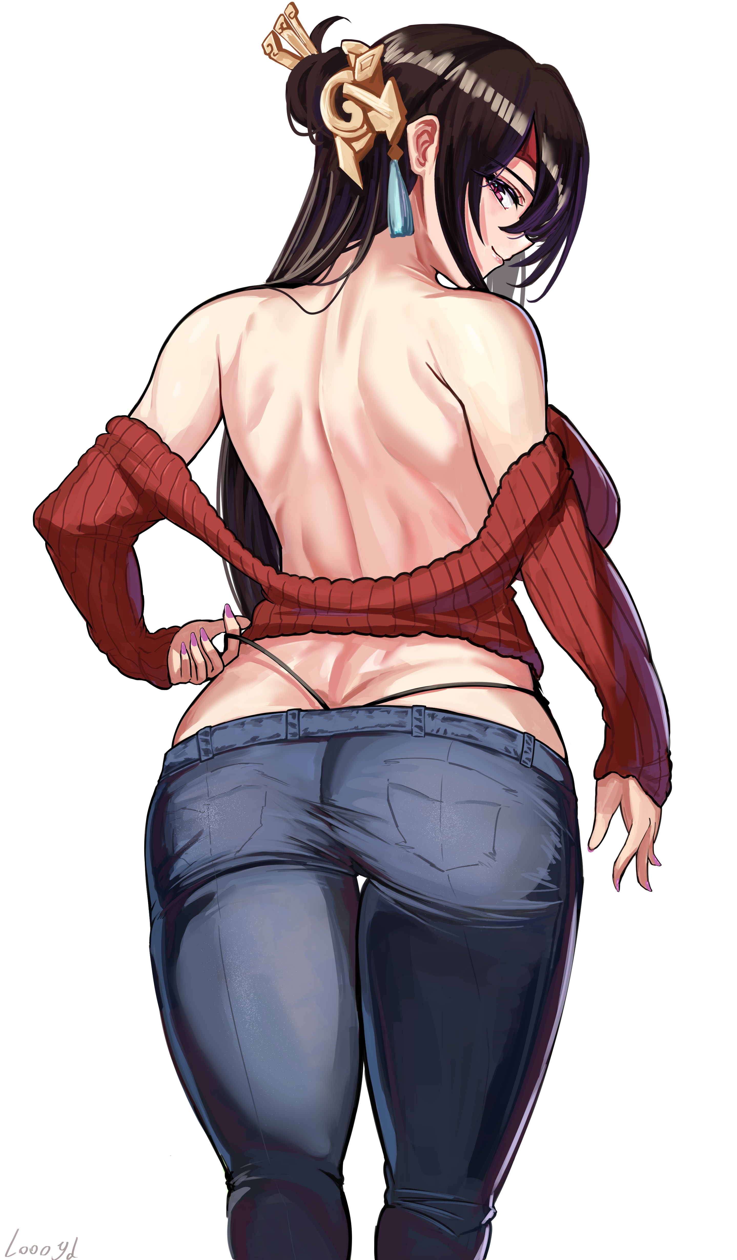 1girls, 2021, ass, ass cleavage, ass crack, back, back view, backboob, beidou (genshin impact), big ass, big breasts, black panties, breasts, brown hair, butt crack, casual clothes, clothed, clothed female, eyepatch, female, female focus, female only, genshin impact, hi res, hips, jeans, large ass, large breasts, long hair, looking at viewer, looking back, looking over shoulder, loooyd, panties, red eyes, red topwear, simple background, slim waist, smile, sweater, thick thighs, thighs, thong, tight clothing, tight fit, virgin killer sweater, whale tail, white background, wide hips