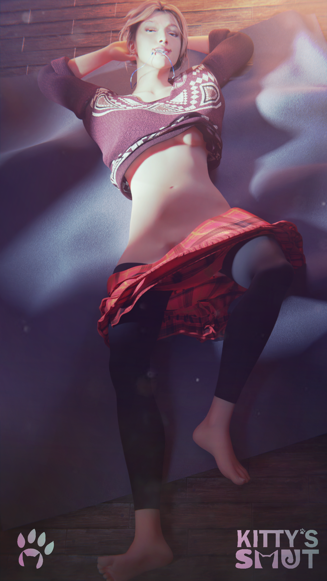 3d, breasts, female, female focus, female only, fully clothed, hands behind head, inside, kittyssmut, laying down, looking at viewer, loose clothes, samantha giddings, underboob, until dawn