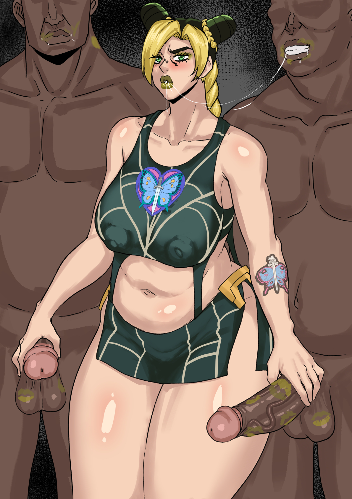 1girls, 2boys, balls, big balls, big breasts, big penis, breasts, cyberboi, dark skin, dark-skinned male, faceless male, female, green hair, handjob, huge breasts, human, implied kiss, interracial, jojo's bizarre adventure, jolyne kujo, large balls, large breasts, large testicles, light skin, light-skinned female, lipstick, lipstick mark, lipstick on balls, lipstick on penis, long hair, male, nipple bulge, pale skin, pale-skinned female, penis, saliva, shounen jump, standing, stone ocean, testicles, thick thighs, thighs, uncensored, wide hips