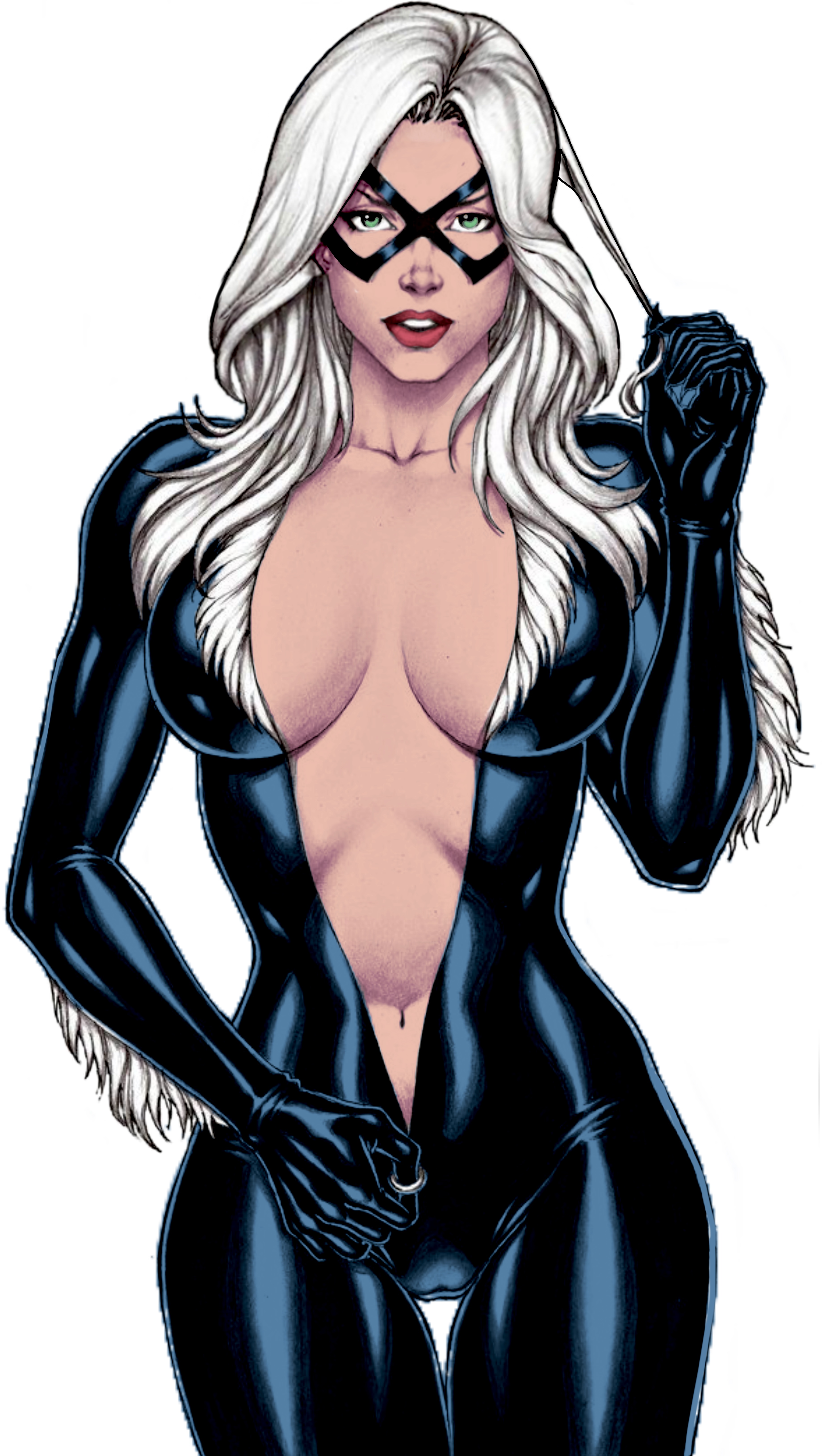 black cat (marvel), black gloves, bodysuit, carlos braga, choker, claws, color, colored, costume, drawingthings12, edit, felicia hardy, female, female focus, female only, fur, gloves, green eyes, leather, leather clothing, leather gloves, looking at viewer, marvel, marvel comics, mask, masked, masked female, recolor, red lipstick, skin tight, spider-man (series), undressing, unzipping, white fur, white hair, zipper, zipper down