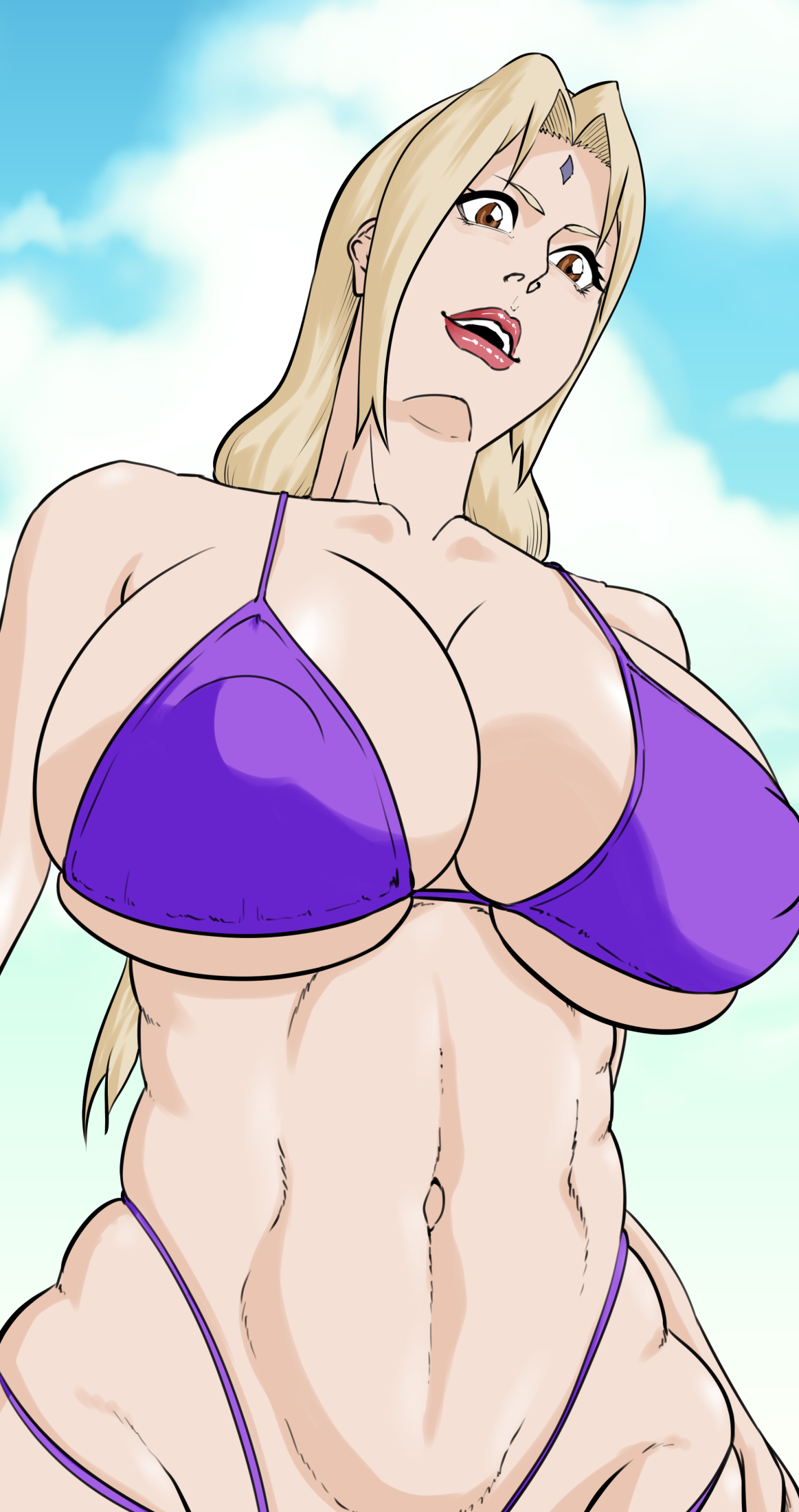 1girls, abs, big breasts, bikini, bikini bottom, bikini top, blonde hair, breasts, brown eyes, busty, cleavage, clothed, clothing, curvaceous, curvy, curvy figure, erect nipples, erect nipples under clothes, female, female only, forehead jewel, forehead mark, g-string, hourglass figure, huge breasts, human, large breasts, light skin, light-skinned female, lipstick, long hair, makeup, mature, mature female, micro bikini, milf, naruto, naruto (classic), naruto (series), naruto shippuden, nipple bulge, nipples, open mouth, pale skin, pale-skinned female, panties, pink lips, pink lipstick, pinup, purple panties, purple swimsuit, purple thong, revealing clothes, shounen jump, sideboob, solo, suzuki shun, swimsuit, thick thighs, thighs, thong, tied hair, tsunade, twintails, underboob, voluptuous, wide hips, yellow hair
