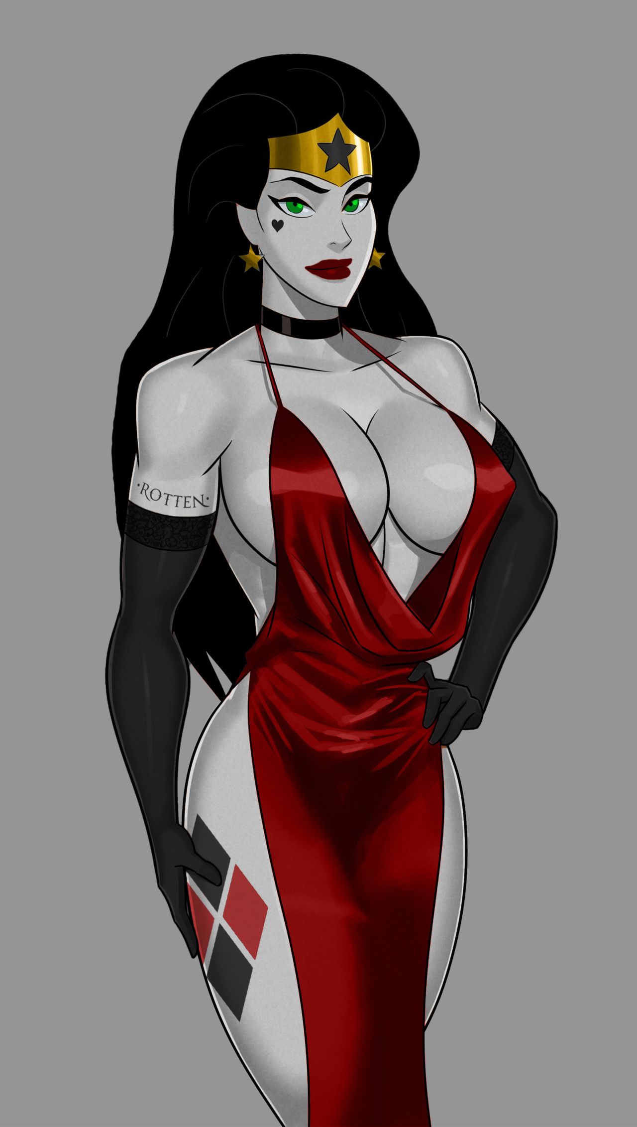 1girls amazon big_breasts black_hair cleavage clothed clownification collar corruption dc dc_comics dcau dress earrings edit enemy_conversion female female_only gloves green_eyes harley_quinn_(cosplay) harleyfication heart_tattoo jokerization justice_league looking_at_viewer no_bra red_dress solo something_unlimited sunsetriders7 tattoo_under_eye tiara wonder_woman wonder_woman_(series)