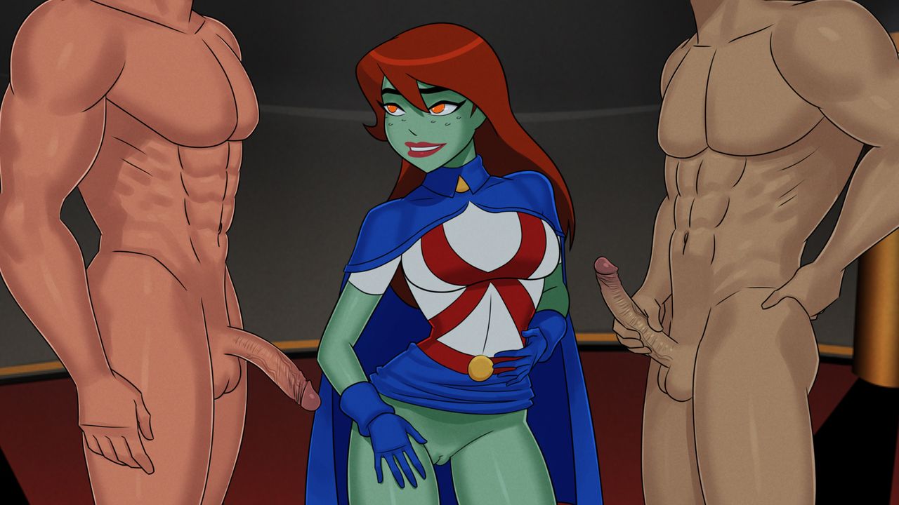 1girls, 2boys, bottomless, bottomless female, cape, cfnm, clothing, dc, dc comics, erection, faceless male, female, fit, fit male, flaccid, flashing pussy, gloves, green skin, imminent oral, imminent sex, larger male, looking at partner, male, martian, megan morse, miss martian, no panties, penis, pussy, red hair, shaved pussy, skirt, skirt lift, skirt up, smaller female, sunsetriders7, threesome, uniform, young justice