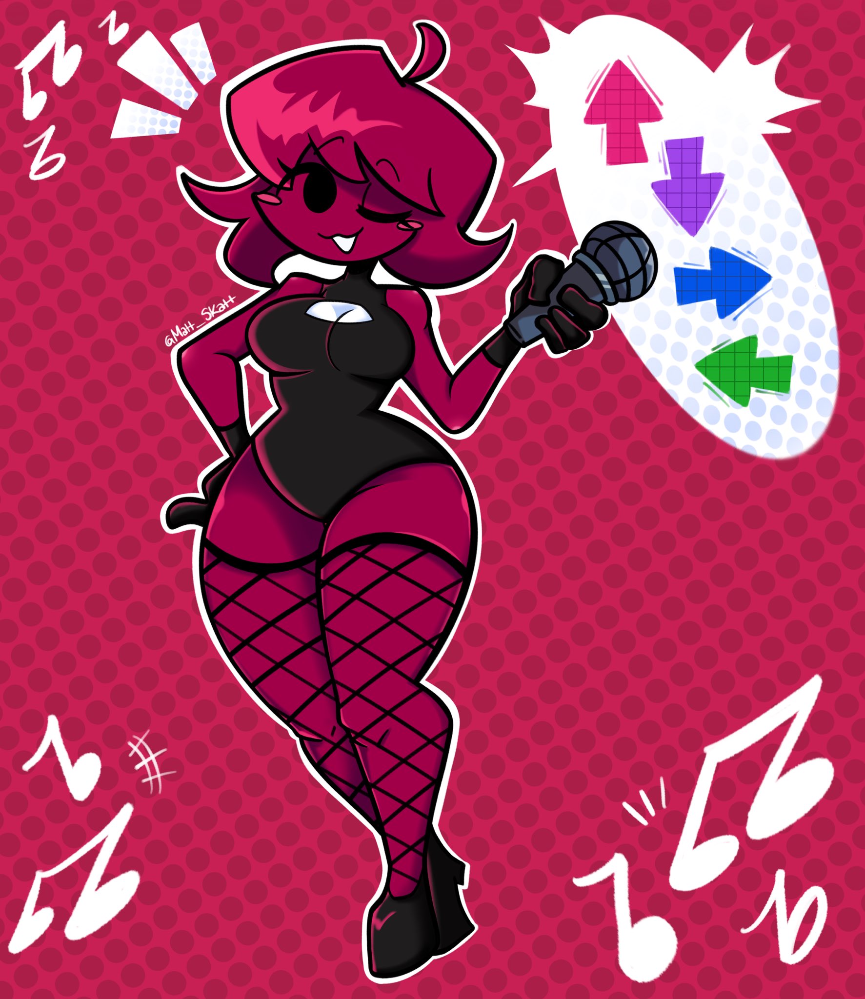 ;3, arrow, blush, female, friday night funkin, friday night funkin (minus mod), gameplay mechanics, girlfriend (friday night funkin), high heels, matt skatt, minus gf (iagoanims), mob face, musical note, red skin, stockings, thick thighs, wink